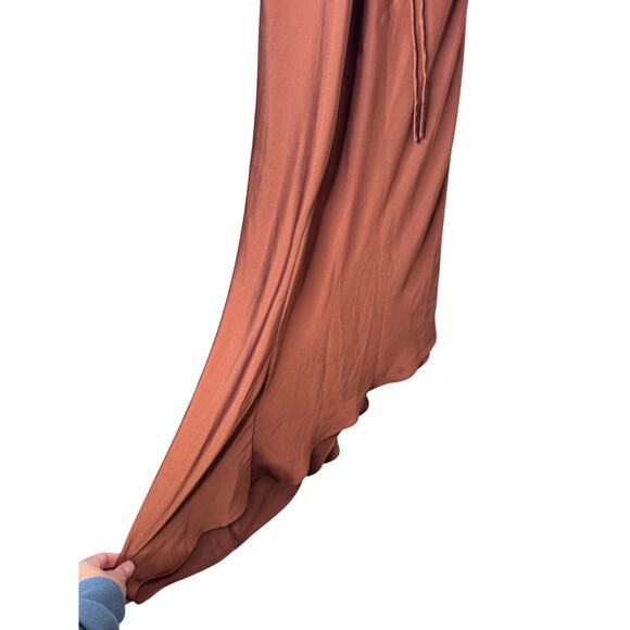 AllSaints Alexia ruched satin asymmetric midi dress in bronze Size 2 XS - Picture 6 of 8